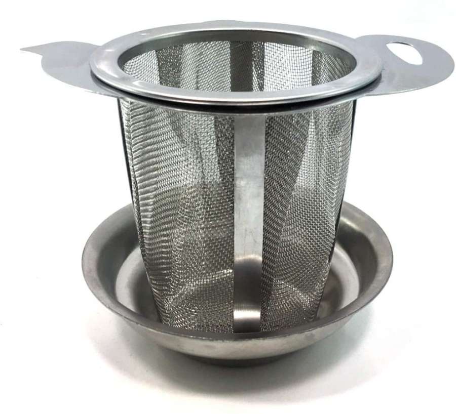 Edelstahl Teefilter in Form einer Teekanne mit Ablageteller