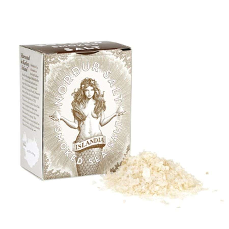Preview: NORDUR RAUCHSALZ, isländische Meersalzflocken nach dänischer Art geräuchert, 100 Gramm Schachtel