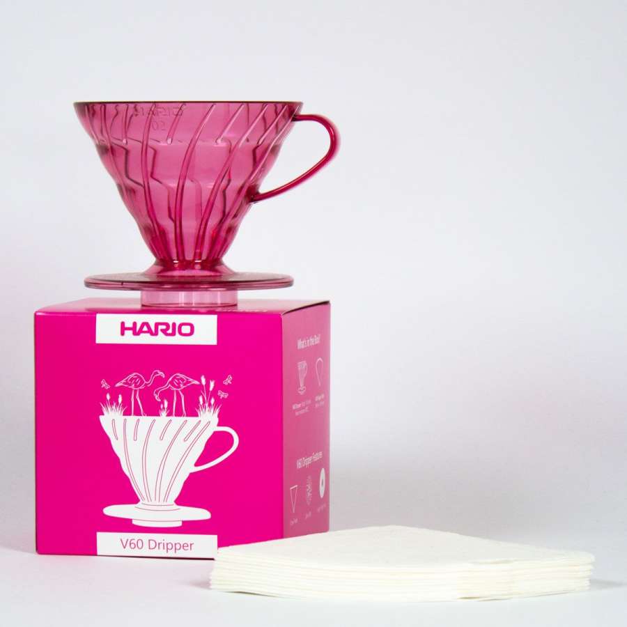 Preview: HARIO V60 Dripper, Kunststoff Flamingo Pink (VD-02-TFP-BB), pink-transparent