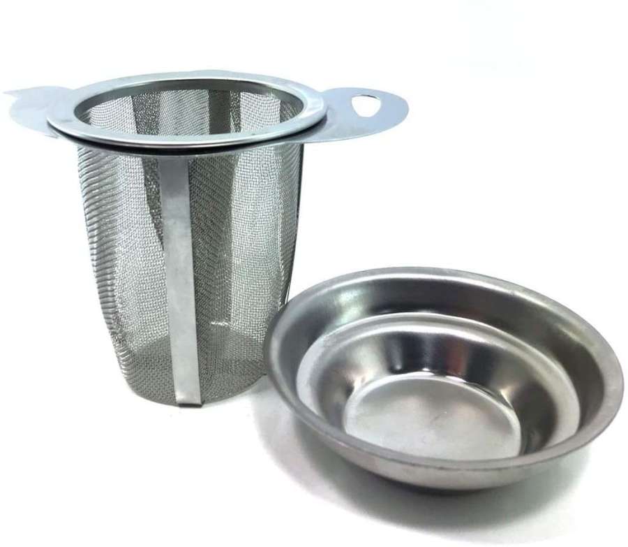 Edelstahl Teefilter in Form einer Teekanne mit Ablageteller